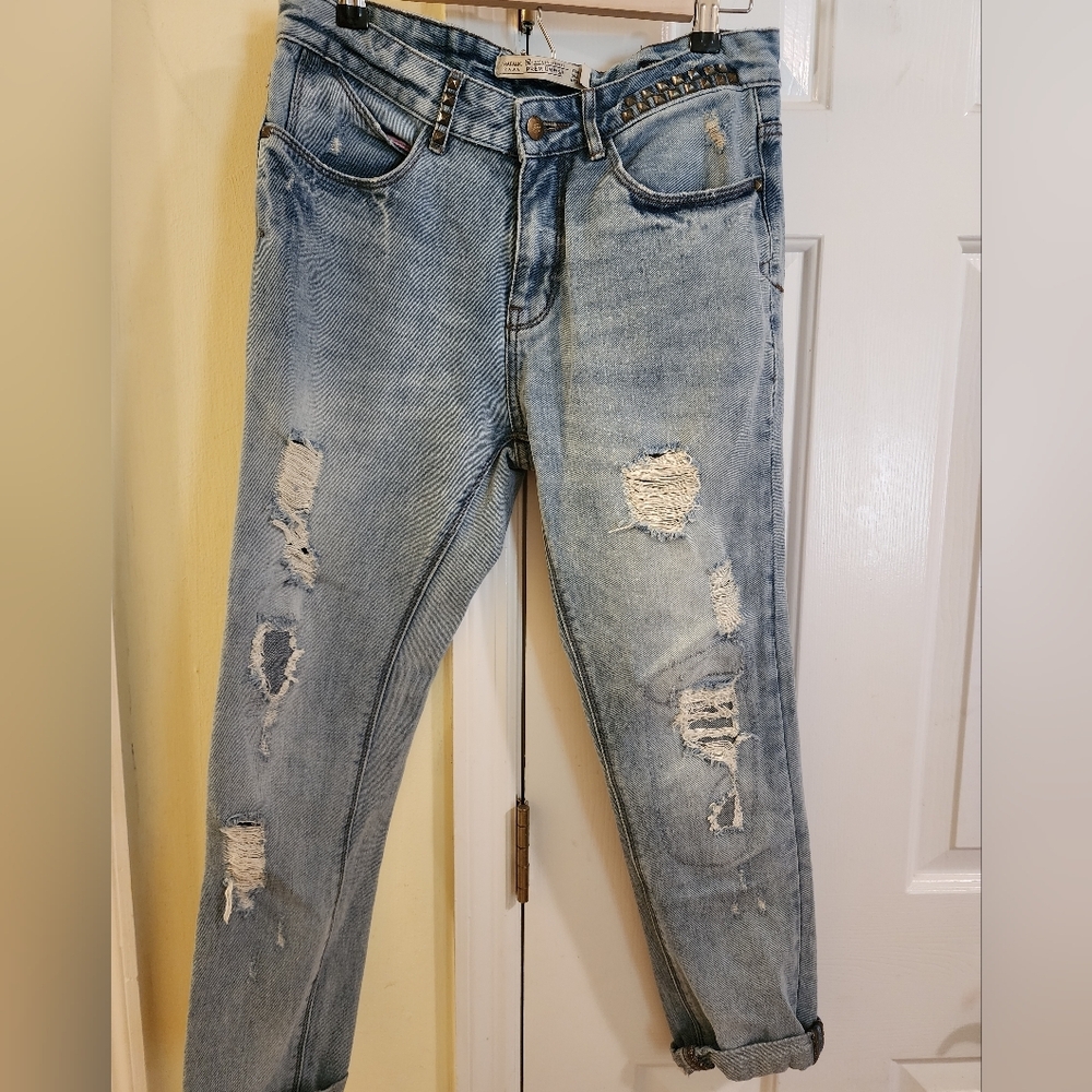 Zara Studded Distressed Boyfriend Jeans